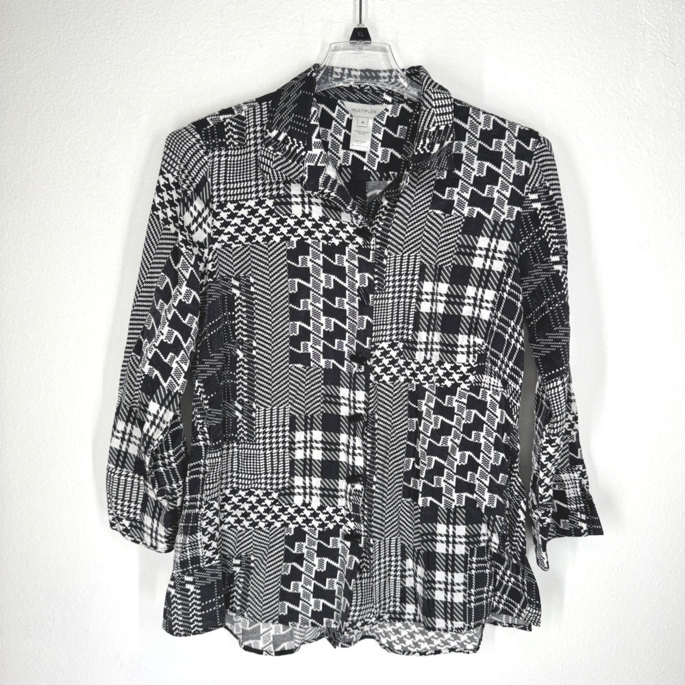 Womens Patchwork Houndstooth Plaid Button Blouse Medium Monochrome Dark Academia